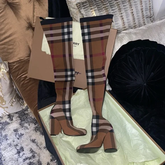 NIB Burberry 36 Anita Knit Check Over-the-Knee Thigh High Stretch Boots in Brown - Picture 10 of 17